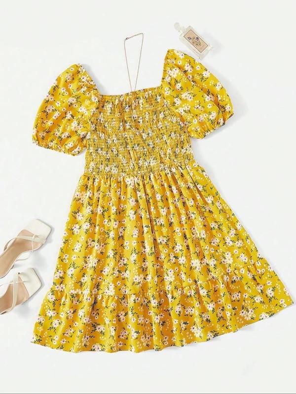 Women's Plus Size Plain / Ditsy Floral Print Shirred A Line Dress, Boho Ruffle Hem Square Neck Dress for Beach Vacation Holiday, Women's Clothes for Summer